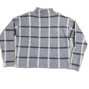 Max Studio Boxy Sweater Sz L Mock Neck Windowpane Plaid Lt Gray Black Academia